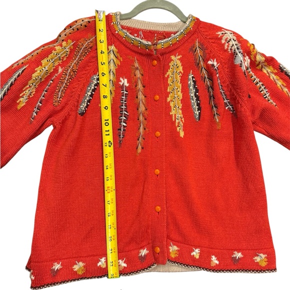 VTG Christine Foley Red Feather Embroidered Knit cotton 90s Button Up Cardigan M - Picture 3 of 6